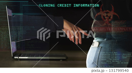 Phishing, cyber security and hacker with laptop and phone with matrix overlay for crypto, password and software cloning. Data, fraud and programming with hand of person for crime, digital and malware Phishing, cyber security and hacker with laptop and phone with matrix overlay for crypto, password and software cloning. Data, fraud and programming with hand of person for crime, digital and malware 131799540