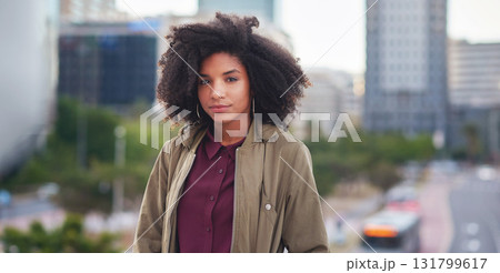 Black woman in city, travel and freedom with portrait, content with mockup space and young person outdoor. Fashion, beauty and calm with peace and relax in urban cityscape, gen z youth in New York 131799617