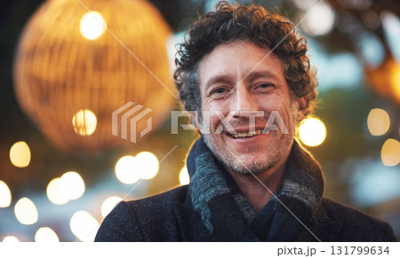 Night, mockup and portrait of a man in city with bokeh, lights and blurred background. Happy and handsome face, mature male and traveller relax in Italy for fun, festival and break, trip and smile Night, mockup and portrait of a man in city with bokeh, lights and blurred background. Happy and handsome face, mature male and traveller relax in Italy for fun, festival and break, trip and smile 131799634