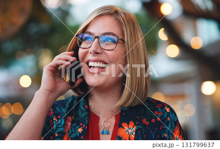 Phone call, thinking and woman laughing in city, talking or speaking to contact at night. Bokeh, funny and happy female with 5g mobile smartphone for networking, conversation or discussion in town. 131799637