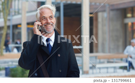 City, phone call and smile, mature man or lawyer outside law firm, successful discussion on legal advice. Ceo, boss or businessman on sidewalk at court with 5g smartphone, crm or conversation. 131799661