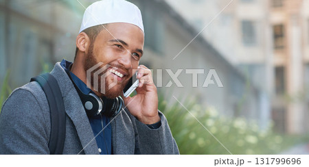 Phone call, city and smile, islamic businessman talking on cell outside office, happy worker in Turkey. Technology, communication and Muslim man with smartphone and mockup in networking conversation. Phone call, city and smile, islamic businessman talking on cell outside office, happy worker in Turkey. Technology, communication and Muslim man with smartphone and mockup in networking conversation. 131799696