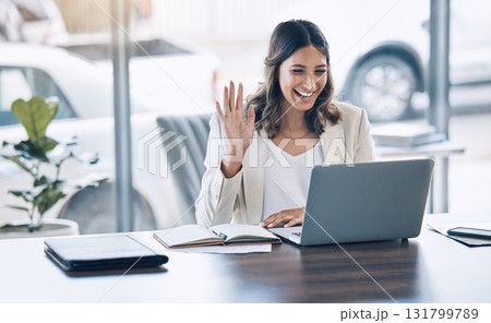 Woman, wave or video call on laptop conference, lawyer training workshop or virtual consulting appointment. Smile, happy or attorney on technology webinar and hello or greeting hands in legal office Woman, wave or video call on laptop conference, lawyer training workshop or virtual consulting appointment. Smile, happy or attorney on technology webinar and hello or greeting hands in legal office 131799789