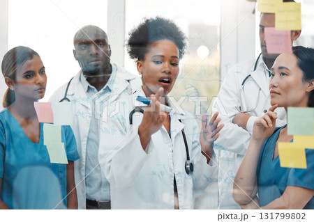 Brainstorming, presentation and medical with black woman in meeting for research, teamwork and strategy with sticky note board. Healthcare, planning and idea with doctors for goals, medicine and data Brainstorming, presentation and medical with black woman in meeting for research, teamwork and strategy with sticky note board. Healthcare, planning and idea with doctors for goals, medicine and data 131799802