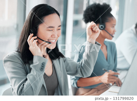 Call center, success and asian woman at computer in office for customer service, telemarketing and deal. Happy, target and contact us with consultant for technical support, advisory and winner Call center, success and asian woman at computer in office for customer service, telemarketing and deal. Happy, target and contact us with consultant for technical support, advisory and winner 131799820