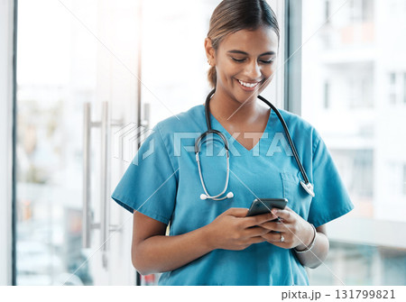 Contact, social media and doctor with a phone for communication, email and schedule. Internet, reading and woman nurse typing on a mobile for an app chat, healthcare research and conversation Contact, social media and doctor with a phone for communication, email and schedule. Internet, reading and woman nurse typing on a mobile for an app chat, healthcare research and conversation 131799821
