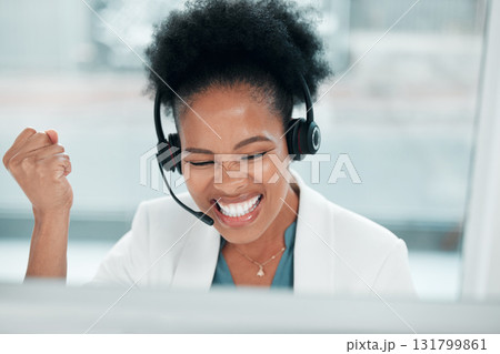 Crm celebration, telemarketing success and black woman in a call center with customer support. Web consultant, happy and lead generation worker at a office computer with a smile from consultation Crm celebration, telemarketing success and black woman in a call center with customer support. Web consultant, happy and lead generation worker at a office computer with a smile from consultation 131799861