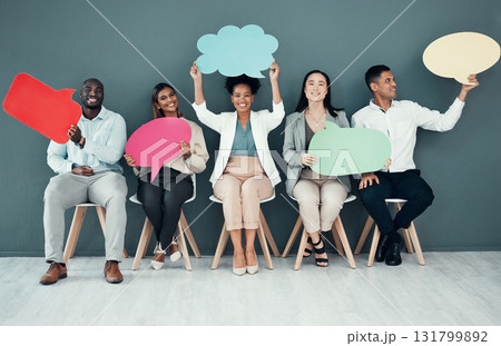 Business people, speech bubble and advertising for recruitment, opportunity and join us in waiting room. We are hiring, poster and banner mockup by group with diversity, message or announcement 131799892