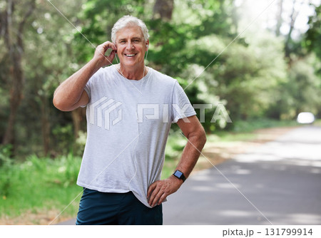 Senior man, exercise and outdoor with music earphones for run, workout and training on road for fitness. Elderly male person happy about cardio audio for health and wellness or walking and running Senior man, exercise and outdoor with music earphones for run, workout and training on road for fitness. Elderly male person happy about cardio audio for health and wellness or walking and running 131799914