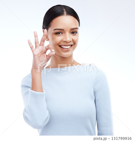 Portrait, yes and hand sign by woman in studio for okay, perfect and positive review on white background. Face, ok and girl with emoji hand for success, vote and support or approval while isolated 131799916