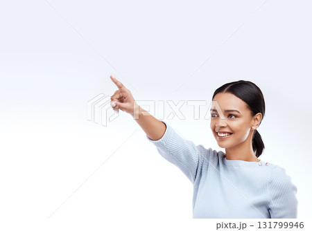 Mock up, happy and studio woman point at direction mock up, sales promotion information or advertising copy space. Brand commercial offer, presentation or female marketing gesture on white background 131799946