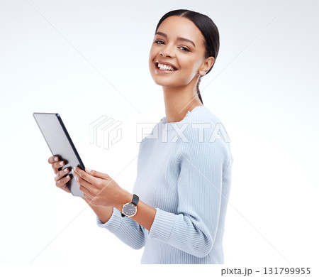 Woman, tablet and studio portrait by white background for planning, schedule and smile for website. Girl, student and excited on mobile touchscreen app for research, calendar or social network chat Woman, tablet and studio portrait by white background for planning, schedule and smile for website. Girl, student and excited on mobile touchscreen app for research, calendar or social network chat 131799955