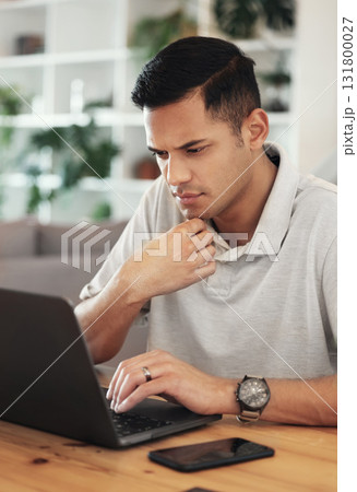 Concentrating, thinking and laptop with business man for freelancer, planning and website research. Strategy, email and idea with remote worker in home office for designer, internet and technology Concentrating, thinking and laptop with business man for freelancer, planning and website research. Strategy, email and idea with remote worker in home office for designer, internet and technology 131800027
