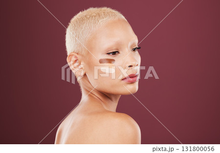 Cosmetics, foundation and face of woman with makeup products, beauty and contour on studio background. Salon aesthetic, cosmetology and girl with lines for skin tone, toner shade or facial treatment Cosmetics, foundation and face of woman with makeup products, beauty and contour on studio background. Salon aesthetic, cosmetology and girl with lines for skin tone, toner shade or facial treatment 131800056