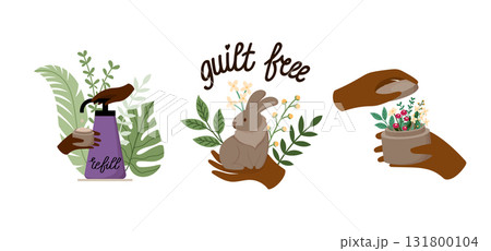 Eco and Ethical Cosmetics Set. Cruelty Free, Vegan, Zero-Waste, Refill and Natural Beauty Illustrations. Recycled Packaging, Clean Beauty Concept 131800104