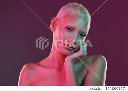 Skincare, neon face and portrait of woman with makeup and lights for creative advertising on studio background. Cyberpunk, gen z girl and model isolated for beauty and futuristic mock up space Skincare, neon face and portrait of woman with makeup and lights for creative advertising on studio background. Cyberpunk, gen z girl and model isolated for beauty and futuristic mock up space 131800137