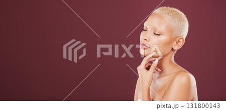 Face, skincare and beauty of woman with eyes closed in studio isolated on a red background mockup. Makeup, cosmetics and female model with beautiful, glowing or healthy skin after facial treatment. 131800143