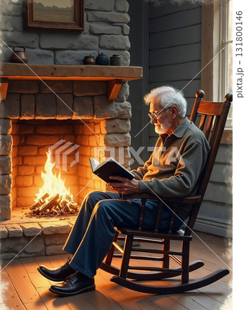 An elderly man with glasses relaxing in a rocking chair and reading a book by the warm fire of a rustic stone fireplace. A cozy, peaceful scene. An elderly man with glasses relaxing in a rocking chair and reading a book by the warm fire of a rustic stone fireplace. A cozy, peaceful scene. 131800146