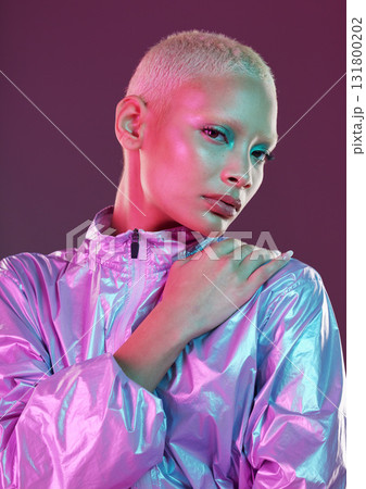 Cyberpunk, model and portrait of high fashion woman with unique style, makeup and hairstyle isolated in a studio neon background. Creative, artistic and colorful female is trendy and stylish Cyberpunk, model and portrait of high fashion woman with unique style, makeup and hairstyle isolated in a studio neon background. Creative, artistic and colorful female is trendy and stylish 131800202