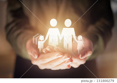 Hands, paper cut out and family for insurance, safety or support with 3d hologram with glow for hope. Woman, holographic overlay and open palm together for security, community and charity in night Hands, paper cut out and family for insurance, safety or support with 3d hologram with glow for hope. Woman, holographic overlay and open palm together for security, community and charity in night 131800279