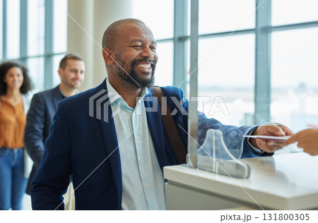 Counter, ticket and black man in airport for passport check or in hotel line for travel service. Happy customer person at security booth or glass window for business booking and buying pass at seller 131800305