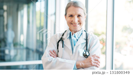 Doctor in portrait, senior woman with arms crossed and healthcare, smile with confidence at hospital with pride and help. Medical professional, trust and expert at clinic with pride and medicine Doctor in portrait, senior woman with arms crossed and healthcare, smile with confidence at hospital with pride and help. Medical professional, trust and expert at clinic with pride and medicine 131800349