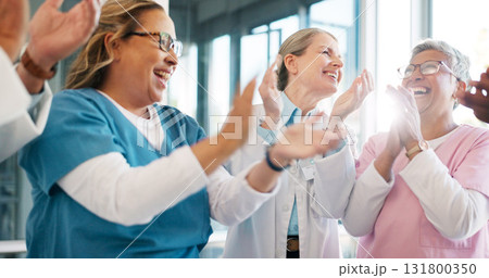 Medical, team celebration and doctors applause, praise or congratulation for clinic success, wellness or promotion. Teamwork motivation, wow and hospital nurses, surgeon or group clapping for winner Medical, team celebration and doctors applause, praise or congratulation for clinic success, wellness or promotion. Teamwork motivation, wow and hospital nurses, surgeon or group clapping for winner 131800350