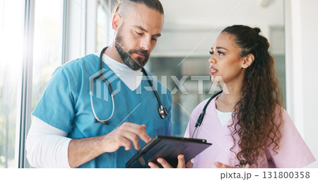 Tablet consulting, team and medical doctor analysis of healthcare, medicine study or database planning. Teamwork, cardiology report or clinic medic, nurses or surgeon review hospital feedback 131800358