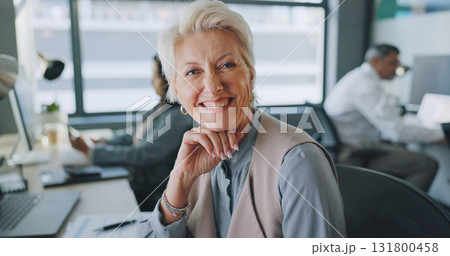 Business, happy and portrait of senior woman in workplace for success, pride and leadership in coworking space. Smile, corporate and person with smile in professional office for working online 131800458