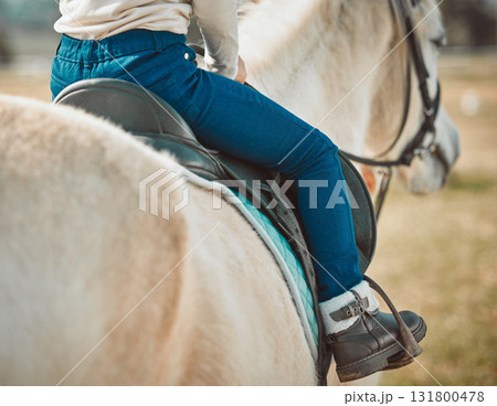 Sports, riding and shoes of girl on horse in countryside for hobby, equestrian and learning. Cowgirl, summer and pasture with child jockey and pet on animal ranch for summer, vacation and adventure Sports, riding and shoes of girl on horse in countryside for hobby, equestrian and learning. Cowgirl, summer and pasture with child jockey and pet on animal ranch for summer, vacation and adventure 131800478