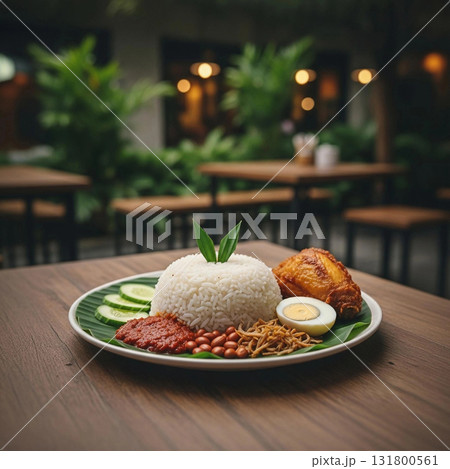 Nasi lemak rice serving with fried chicken and sambal 131800561