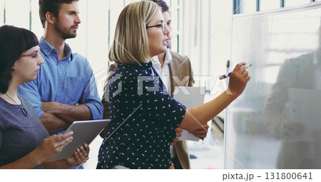 Presentation, teamwork and writing with business people in meeting for strategy, branding or marketing idea. Agenda, data or collaboration with woman speaker in workshop for leadership and planning 131800641