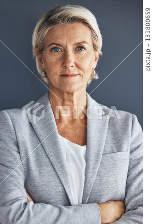 Portrait, business and senior woman arms crossed, leadership and opportunity against studio background. Face, mature female manager and employee with gesture for confidence, skills or ceo on backdrop Portrait, business and senior woman arms crossed, leadership and opportunity against studio background. Face, mature female manager and employee with gesture for confidence, skills or ceo on backdrop 131800659