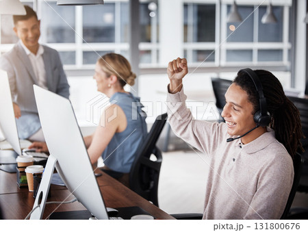 Customer support computer, consulting or happy man celebrate telemarketing on contact us CRM or ERP telecom. African call center success, ecommerce winner or excited information technology consultant Customer support computer, consulting or happy man celebrate telemarketing on contact us CRM or ERP telecom. African call center success, ecommerce winner or excited information technology consultant 131800676