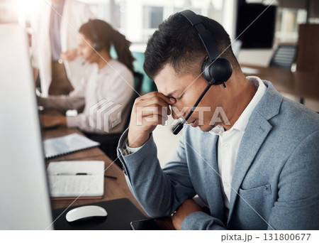 Customer support consulting, burnout headache and man telemarketing on contact us CRM or telecom microphone. Call center depression, ecommerce or information technology consultant with medical crisis Customer support consulting, burnout headache and man telemarketing on contact us CRM or telecom microphone. Call center depression, ecommerce or information technology consultant with medical crisis 131800677