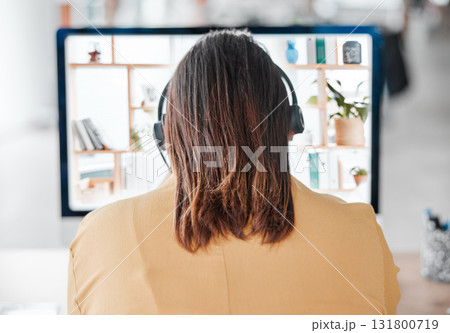 Crm, customer service and telemarketing business woman with headset and computer screen. Back view, consulting and web support of employee working on call center consultation for digital help Crm, customer service and telemarketing business woman with headset and computer screen. Back view, consulting and web support of employee working on call center consultation for digital help 131800719