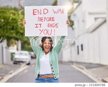 War protest, street and poster woman rally to stop Ukraine conflict, human rights support or global violence. Black student, banner portrait and social justice warrior fight for government law change War protest, street and poster woman rally to stop Ukraine conflict, human rights support or global violence. Black student, banner portrait and social justice warrior fight for government law change 131800786
