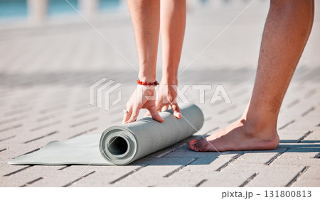 Health, roll and feet of woman with yoga mat for pilates, mediation and workout training. Zen, fitness and motivation with hands of girl stretching on ground ready for mindfulness, relax and wellness 131800813