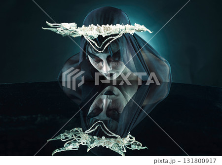 Mirror, dark and fantasy with portrait of queen for evil makeup, fashion and horror art. Creative, mystery and black fabric with woman and crown for spooky, elegant and nightmare veil in studio Mirror, dark and fantasy with portrait of queen for evil makeup, fashion and horror art. Creative, mystery and black fabric with woman and crown for spooky, elegant and nightmare veil in studio 131800917