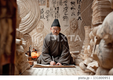 Tsai Lun creating traditional paper manuscripts with ancient techniques in a historical space Tsai Lun creating traditional paper manuscripts with ancient techniques in a historical space 131800951