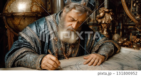 Claudius Ptolemy creating star charts in a lavish astronomical workshop 131800952