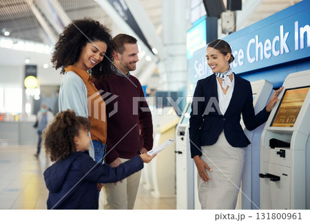 Woman, services agent and family at airport by self service check in station for information, help or FAQ. Happy female passenger assistant helping travelers register or book airline flight ticket Woman, services agent and family at airport by self service check in station for information, help or FAQ. Happy female passenger assistant helping travelers register or book airline flight ticket 131800961
