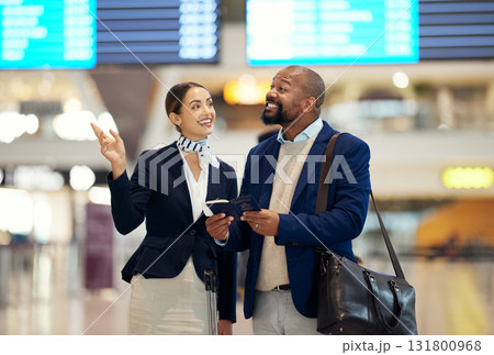Businessman, airport and service agent pointing traveler to departure, flight time or information. Black male with female passenger assistant helping in travel directions or FAQ for airline traveling Businessman, airport and service agent pointing traveler to departure, flight time or information. Black male with female passenger assistant helping in travel directions or FAQ for airline traveling 131800968