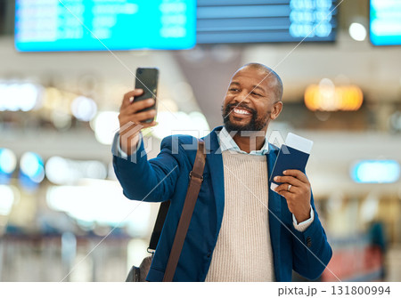 Travel, selfie and ticket with black man in airport for social media, departure and vacation. Business trip, smile and happy with passenger and picture with phone for tourism, holiday and passport 131800994