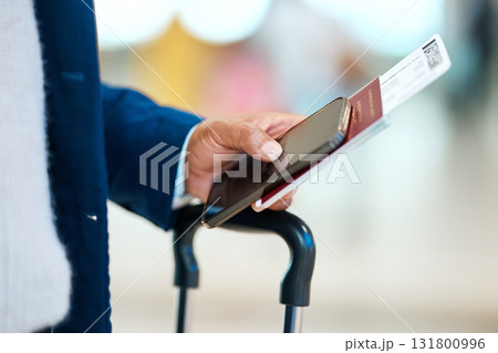 Airport, passport and ticket in man hand with phone for online booking, travel suitcase and registration. Mobile, identity document and person with luggage for immigration and waiting for flight 131800996