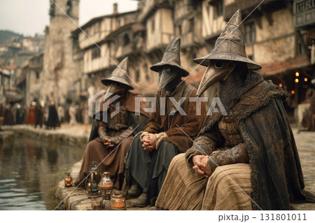 Medieval doctors wearing plague masks in a port city as sick people struggle on the ground 131801011