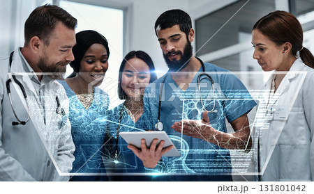 Tablet, research or doctors with futuristic 3d hologram overlay for body anatomy or dna in hospital clinic. Team work, group or medical healthcare data analysis for innovation or digital development Tablet, research or doctors with futuristic 3d hologram overlay for body anatomy or dna in hospital clinic. Team work, group or medical healthcare data analysis for innovation or digital development 131801042