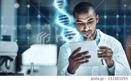 Scientist, tablet and lab with overlay for research, dna and medical innovation on cloud computing. Man, doctor and mobile touchscreen for data analytics in laboratory with 3d holographic ux in night 131801054