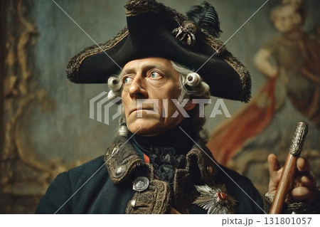 Historical portrait of a king wearing an elaborate costume and hat in a regal pose Historical portrait of a king wearing an elaborate costume and hat in a regal pose 131801057