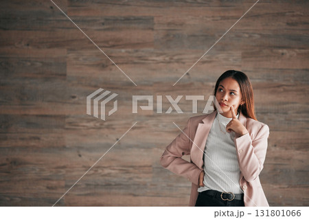 Thinking, business woman and studio idea for person contemplating plan, solution or problem solving ideas. Brainstorming entrepreneur, thoughtful and mockup entrepreneurship on wooden wall background Thinking, business woman and studio idea for person contemplating plan, solution or problem solving ideas. Brainstorming entrepreneur, thoughtful and mockup entrepreneurship on wooden wall background 131801066